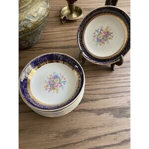 Berry Bowls (7) Century By Salem 23 Karat Gold Encrusted Aristocrat Cobalt Blue